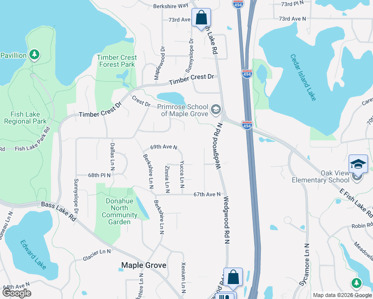 map of restaurants, bars, coffee shops, grocery stores, and more near 6845 Wedgwood Court North in Osseo