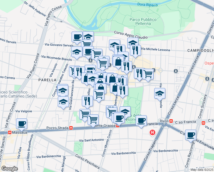 map of restaurants, bars, coffee shops, grocery stores, and more near 46a Via Vittorio Asinari di Bernezzo in Turin