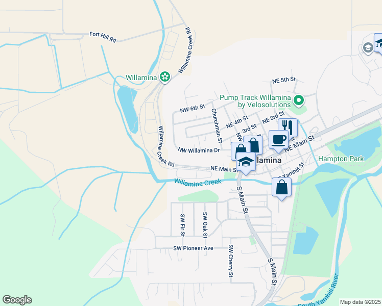 map of restaurants, bars, coffee shops, grocery stores, and more near 451 Northwest Willamina Drive in Willamina