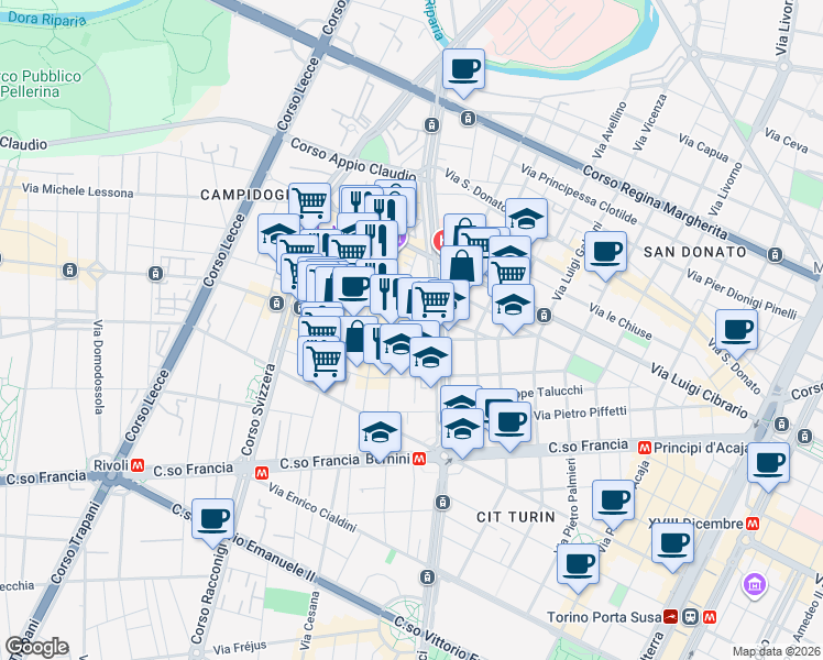map of restaurants, bars, coffee shops, grocery stores, and more near 10 Via Nicola Fabrizi in Turin