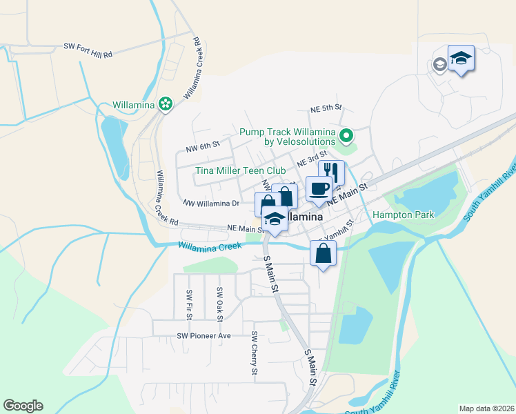 map of restaurants, bars, coffee shops, grocery stores, and more near 142 Northeast Main Street in Willamina