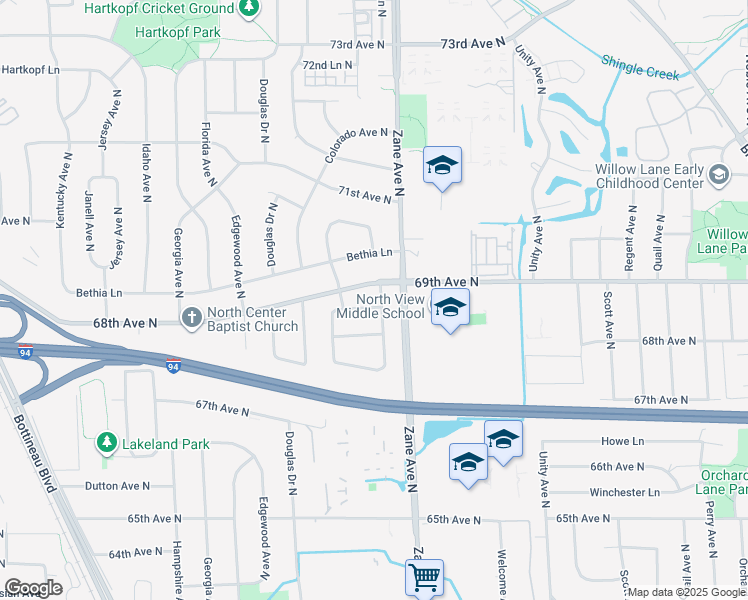map of restaurants, bars, coffee shops, grocery stores, and more near 6000 68th Way in Minneapolis