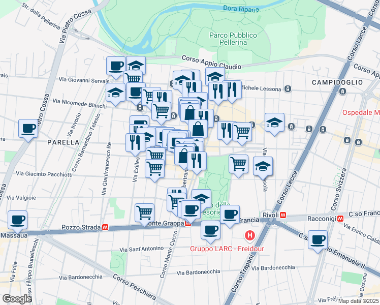 map of restaurants, bars, coffee shops, grocery stores, and more near 46 Via Salbertrand in Turin