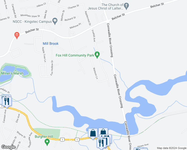 map of restaurants, bars, coffee shops, grocery stores, and more near 145 Watson Lane in Kentville