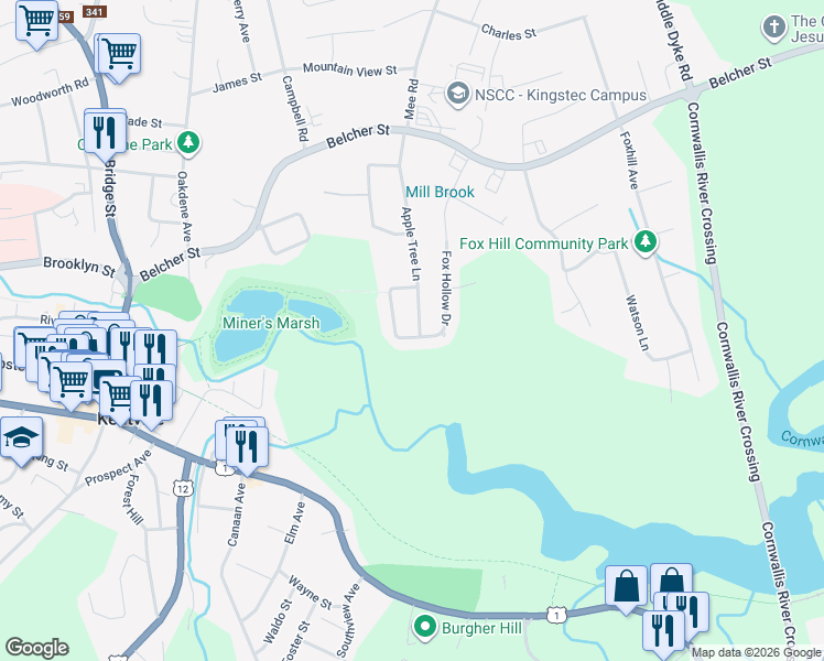 map of restaurants, bars, coffee shops, grocery stores, and more near 89 Apple Tree Lane in Kentville