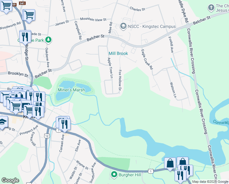 map of restaurants, bars, coffee shops, grocery stores, and more near 92 Apple Tree Lane in Kentville
