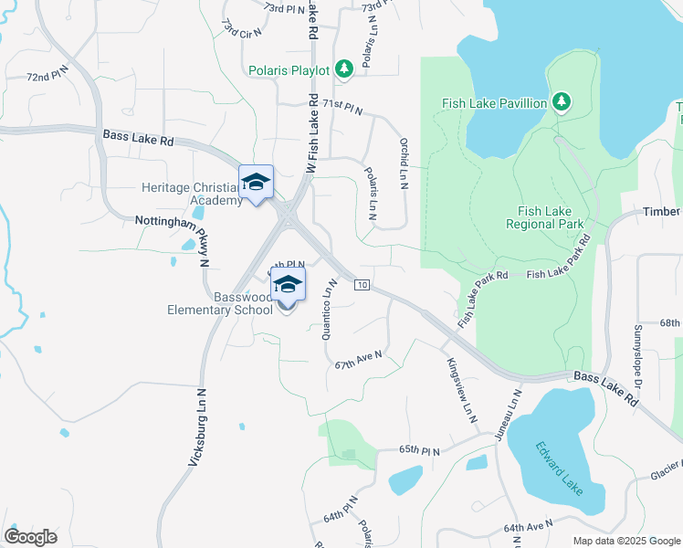 map of restaurants, bars, coffee shops, grocery stores, and more near Bass Lake Road in Maple Grove