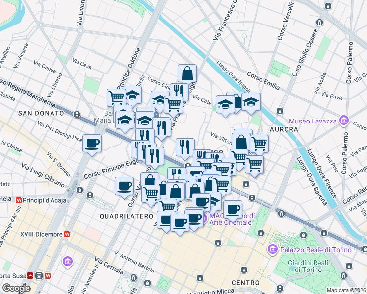 map of restaurants, bars, coffee shops, grocery stores, and more near 19 Via San Giuseppe Benedetto Cottolengo in Turin