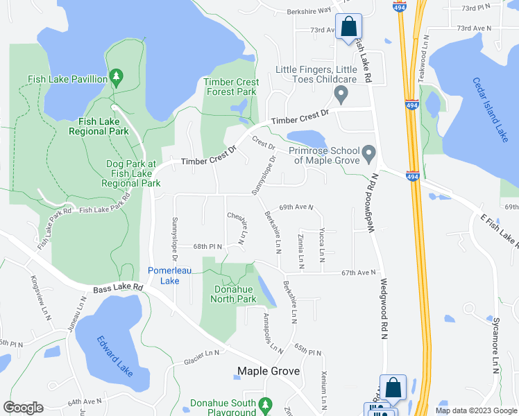 map of restaurants, bars, coffee shops, grocery stores, and more near 6907 Berkshire Lane North in Maple Grove