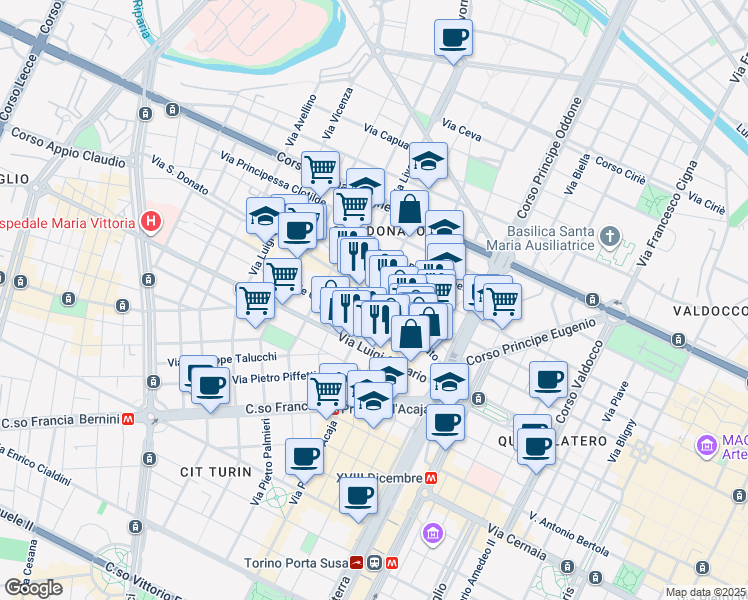 map of restaurants, bars, coffee shops, grocery stores, and more near 22 Via San Donato in Turin