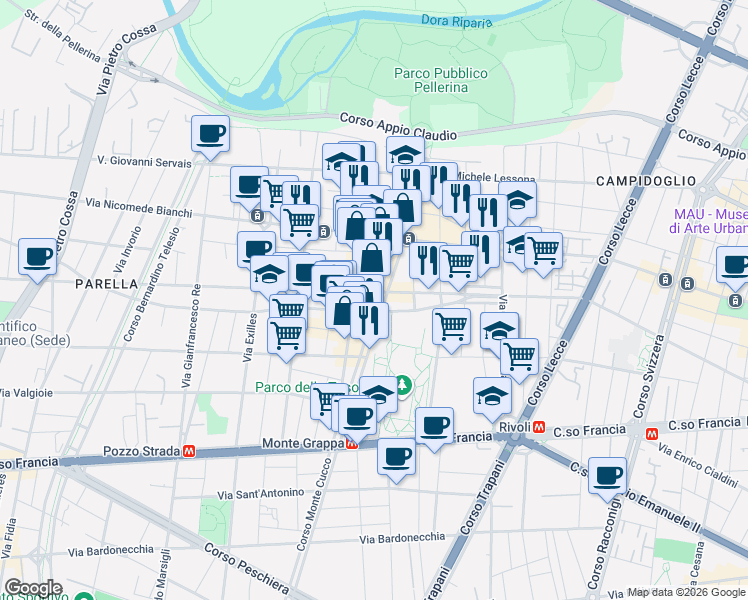 map of restaurants, bars, coffee shops, grocery stores, and more near 26 Via V. Asinari di Bernezzo in Torino