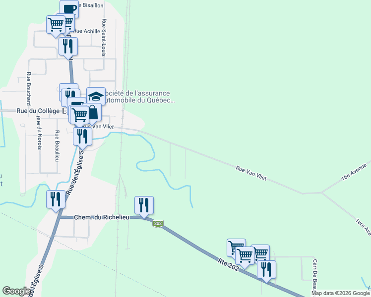 map of restaurants, bars, coffee shops, grocery stores, and more near 7 Rue Boudreau in Montérégie