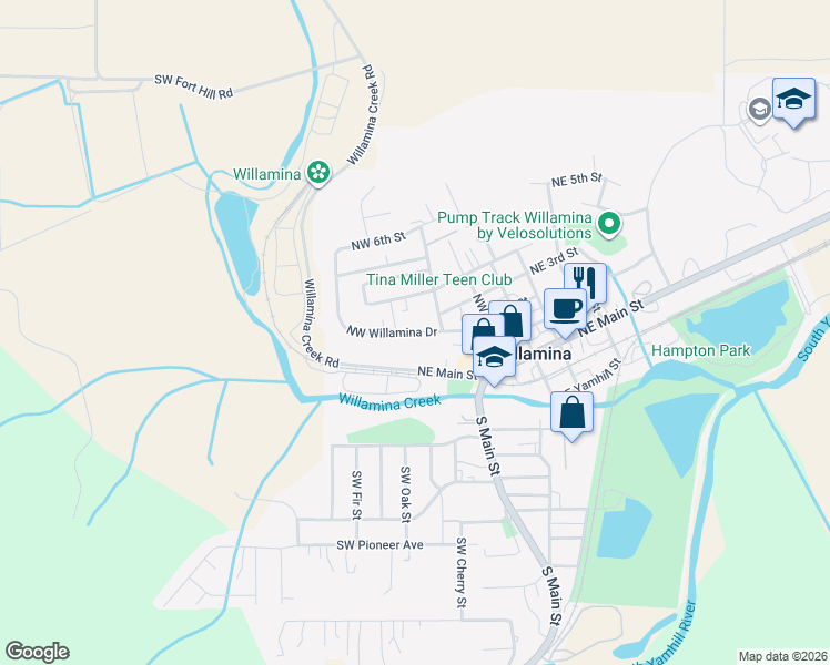 map of restaurants, bars, coffee shops, grocery stores, and more near 321 Northwest Willamina Drive in Willamina