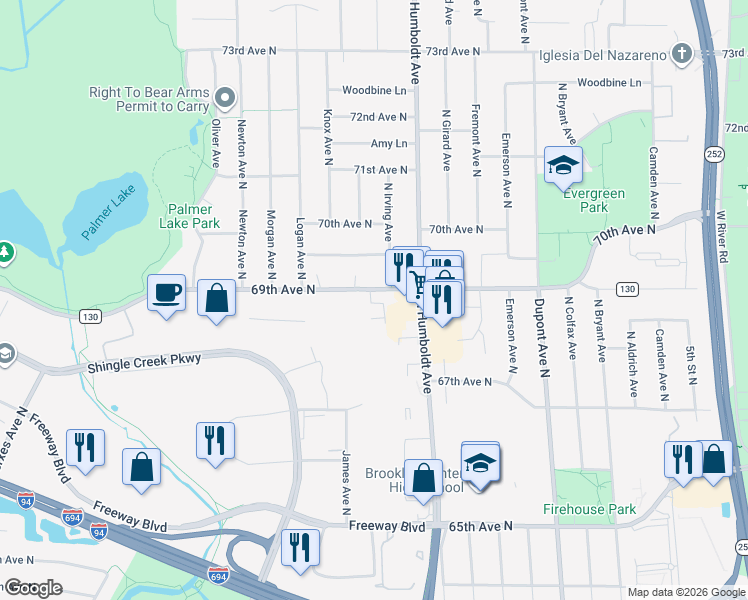 map of restaurants, bars, coffee shops, grocery stores, and more near 6708 Irving Place North in Minneapolis