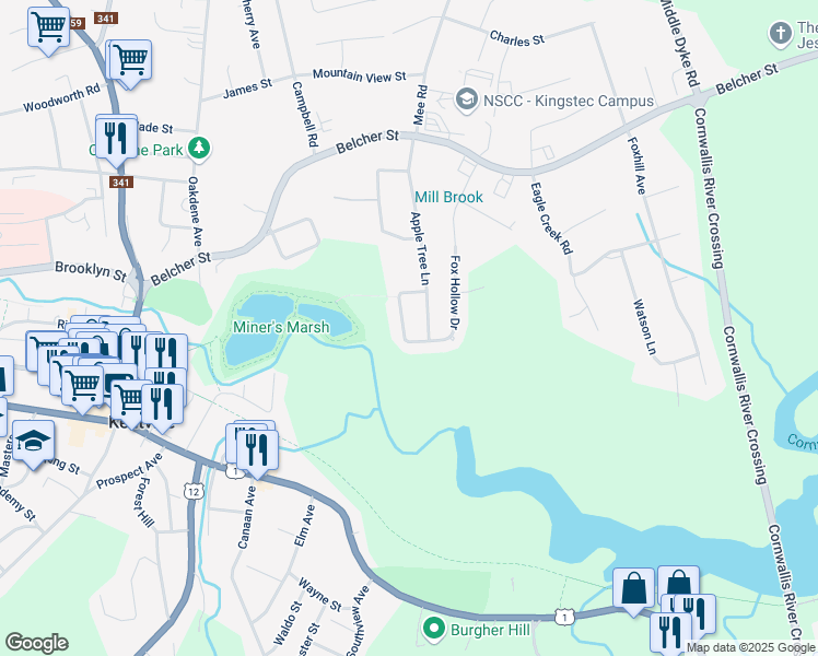 map of restaurants, bars, coffee shops, grocery stores, and more near 36 Cortland Crescent in Kentville