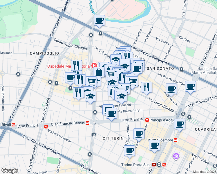 map of restaurants, bars, coffee shops, grocery stores, and more near 8 Via Goffredo Casalis in Torino