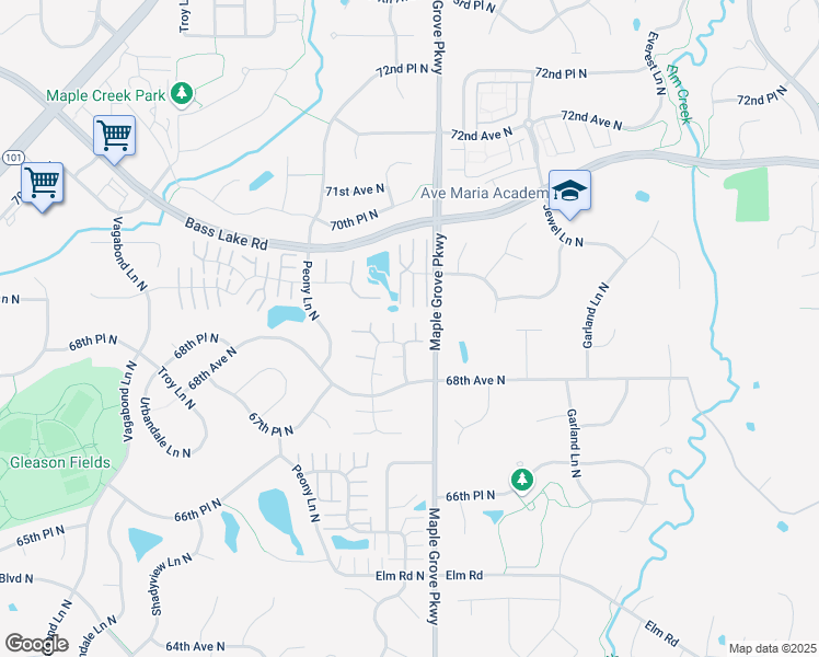map of restaurants, bars, coffee shops, grocery stores, and more near 17610 68th Place North in Osseo