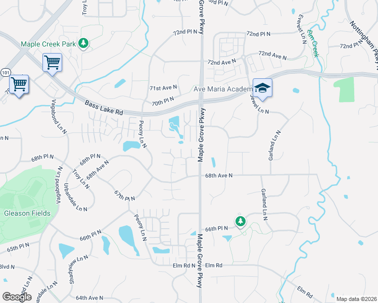 map of restaurants, bars, coffee shops, grocery stores, and more near 17510 68th Place North in Osseo