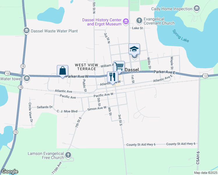 map of restaurants, bars, coffee shops, grocery stores, and more near 322 Atlantic Avenue West in Dassel