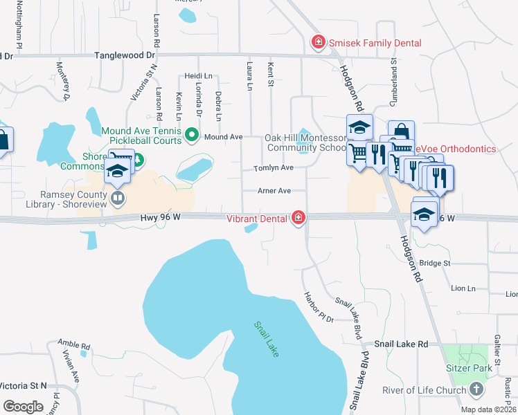 map of restaurants, bars, coffee shops, grocery stores, and more near 597 County Highway 96 in Shoreview