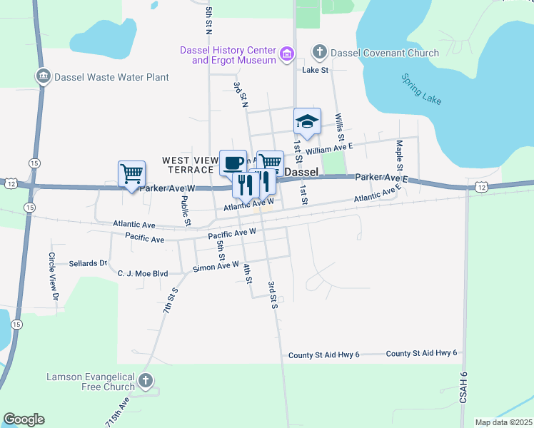 map of restaurants, bars, coffee shops, grocery stores, and more near 426 3rd Street South in Dassel