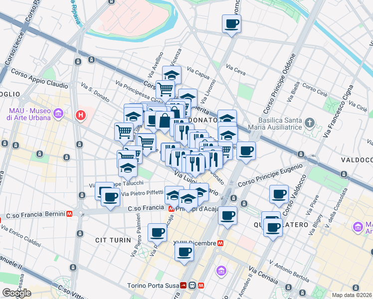 map of restaurants, bars, coffee shops, grocery stores, and more near 28 Via le Chiuse in Turin