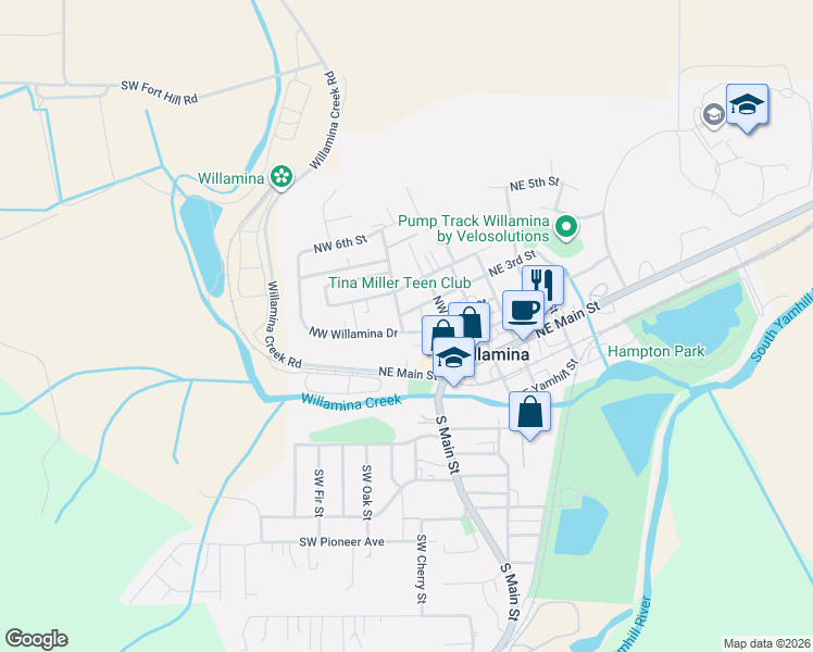map of restaurants, bars, coffee shops, grocery stores, and more near 510 Churchman Street in Willamina