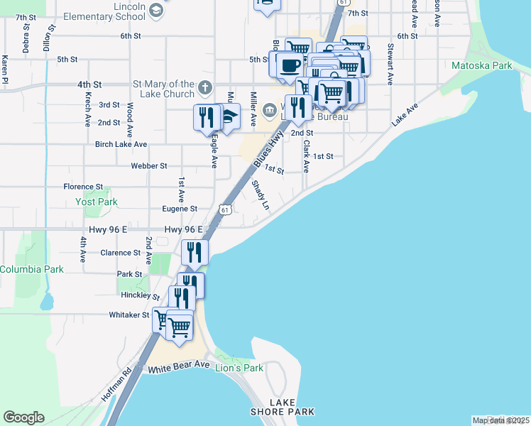 map of restaurants, bars, coffee shops, grocery stores, and more near 4579 Lake Avenue in White Bear Lake