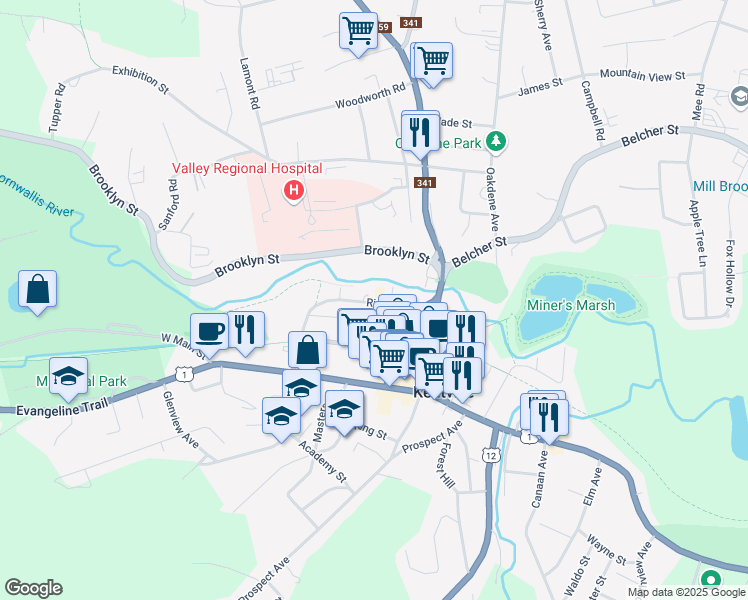 map of restaurants, bars, coffee shops, grocery stores, and more near 67 River Street in Kentville
