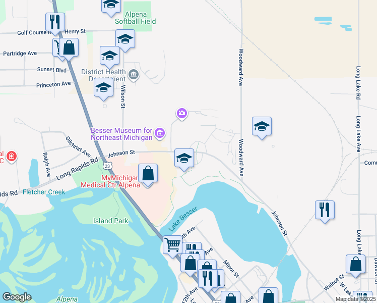 map of restaurants, bars, coffee shops, grocery stores, and more near 491 Johnson Street in Alpena