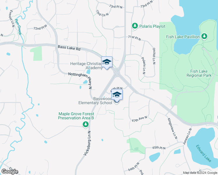 map of restaurants, bars, coffee shops, grocery stores, and more near 6872 Vicksburg Lane North in Maple Grove