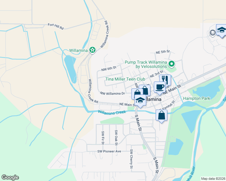 map of restaurants, bars, coffee shops, grocery stores, and more near 451 Northwest Willamina Drive in Willamina