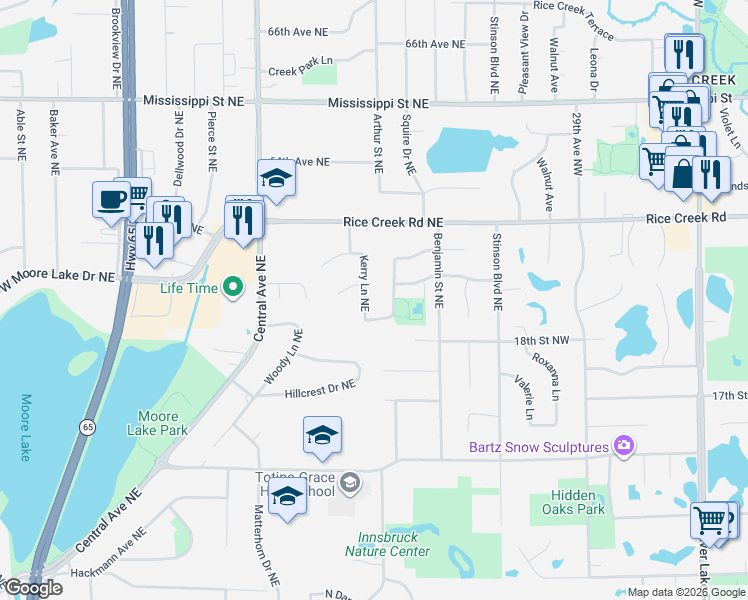 map of restaurants, bars, coffee shops, grocery stores, and more near 6160 Rice Creek Drive Northeast in Fridley