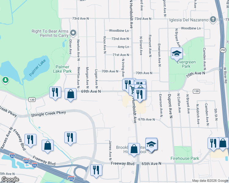 map of restaurants, bars, coffee shops, grocery stores, and more near 5910 Shingle Creek Parkway in Brooklyn Center