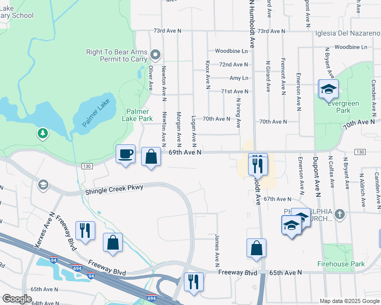 map of restaurants, bars, coffee shops, grocery stores, and more near County Road 130 in Brooklyn Center