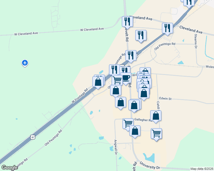 map of restaurants, bars, coffee shops, grocery stores, and more near 1360 Old Peshtigo Road in Marinette