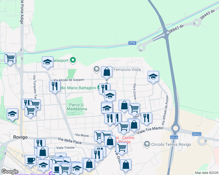 map of restaurants, bars, coffee shops, grocery stores, and more near 6 Via della Costituzione in Rovigo