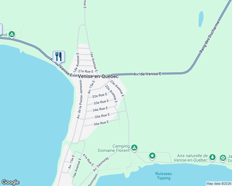 map of restaurants, bars, coffee shops, grocery stores, and more near 22e Avenue Est in Montérégie