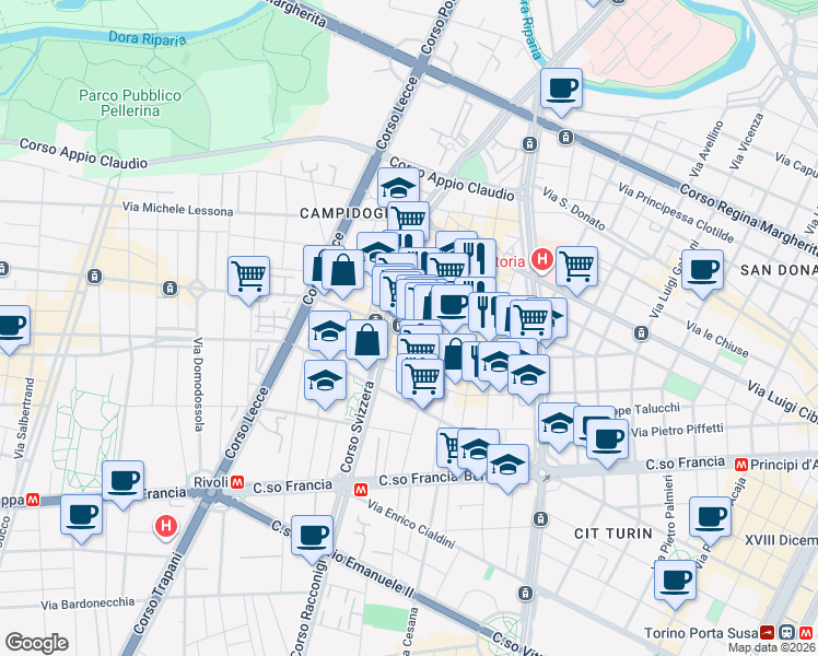 map of restaurants, bars, coffee shops, grocery stores, and more near 6 Via Buronzo in Turin