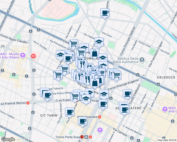 map of restaurants, bars, coffee shops, grocery stores, and more near 22 Via San Donato in Turin