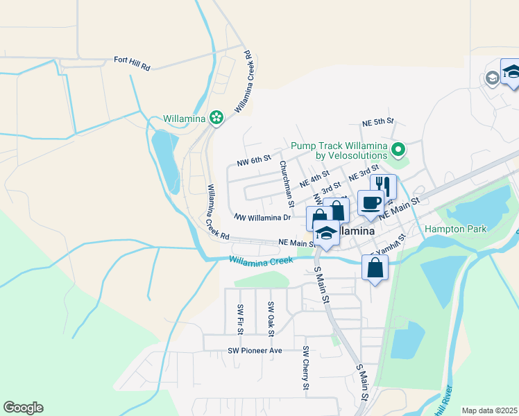 map of restaurants, bars, coffee shops, grocery stores, and more near 451 Northwest Willamina Drive in Willamina