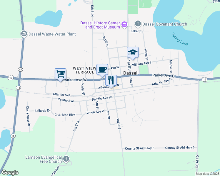 map of restaurants, bars, coffee shops, grocery stores, and more near 426 3rd Street South in Dassel