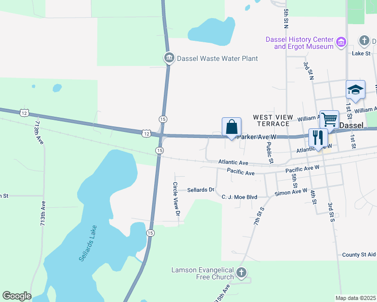 map of restaurants, bars, coffee shops, grocery stores, and more near 197 Circle View Drive in Dassel