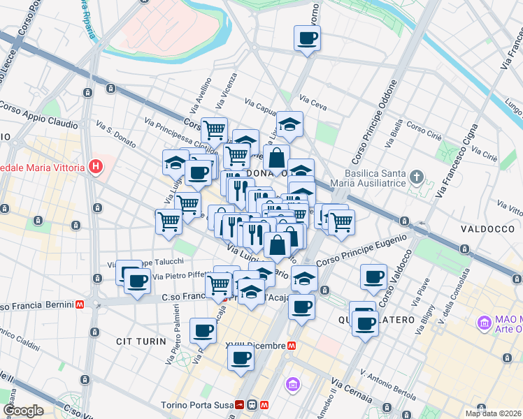 map of restaurants, bars, coffee shops, grocery stores, and more near 22 Via San Donato in Turin