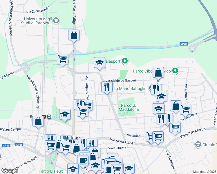 map of restaurants, bars, coffee shops, grocery stores, and more near 12 Via Alfieri in Rovigo