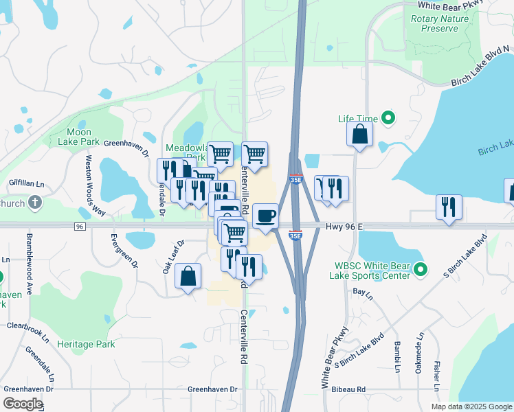 map of restaurants, bars, coffee shops, grocery stores, and more near 1075 Highway 96 East in White Bear Lake