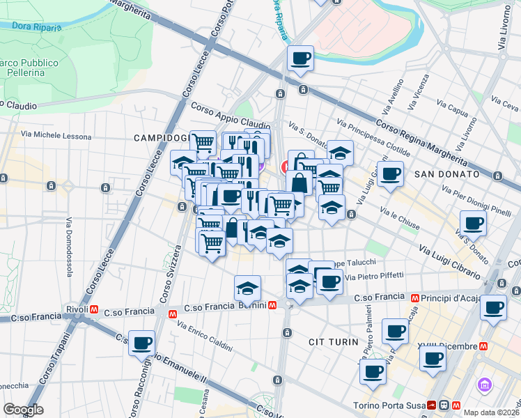 map of restaurants, bars, coffee shops, grocery stores, and more near 10 Via Nicola Fabrizi in Turin