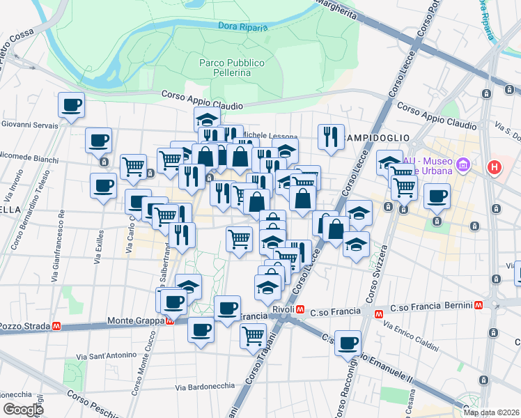 map of restaurants, bars, coffee shops, grocery stores, and more near 5 Piazza Giampietro Chironi in Turin