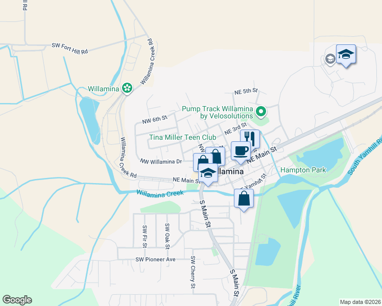 map of restaurants, bars, coffee shops, grocery stores, and more near 175 Northwest 3rd Street in Willamina