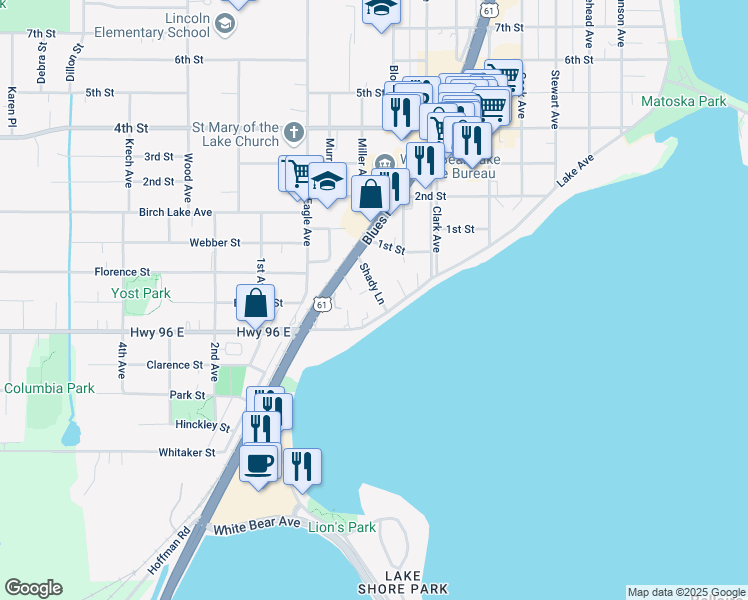 map of restaurants, bars, coffee shops, grocery stores, and more near 4579 Lake Avenue in White Bear Lake